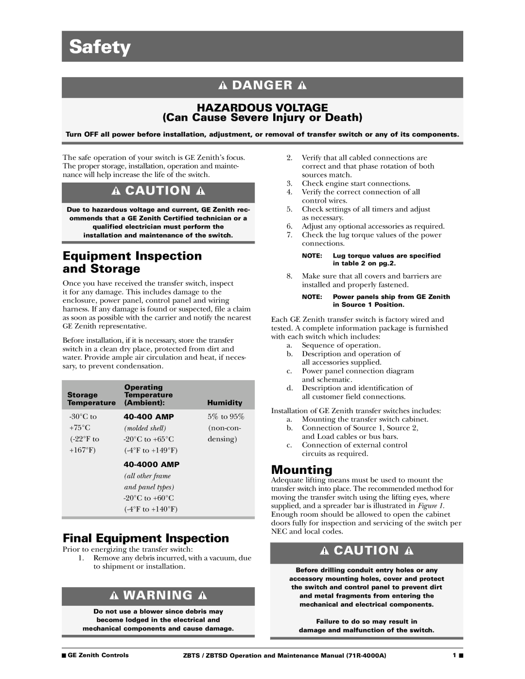 GE ZBTSD manual Safety, Equipment Inspection and Storage, Final Equipment Inspection, Mounting 