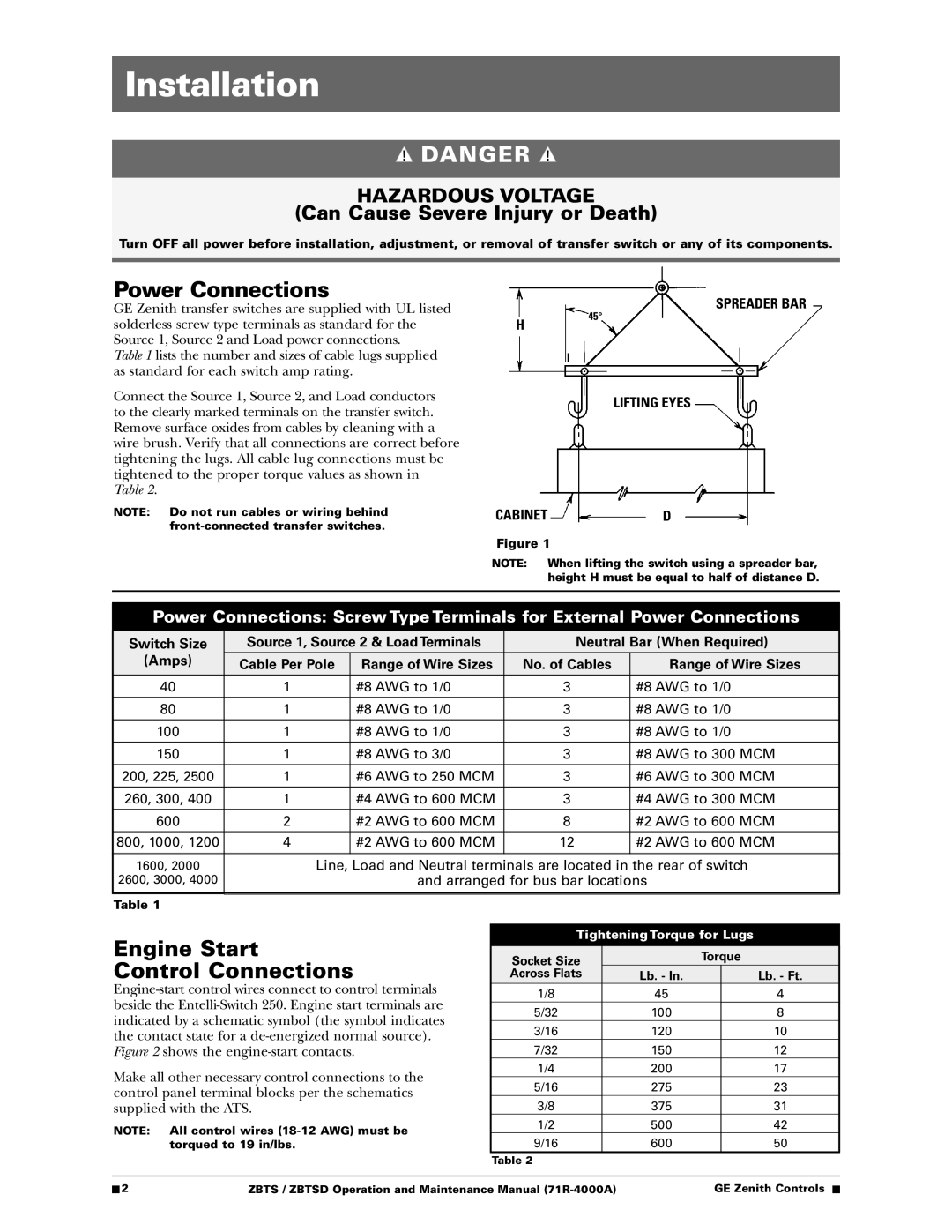 GE ZBTSD manual Installation, Power Connections, Engine Start Control Connections 