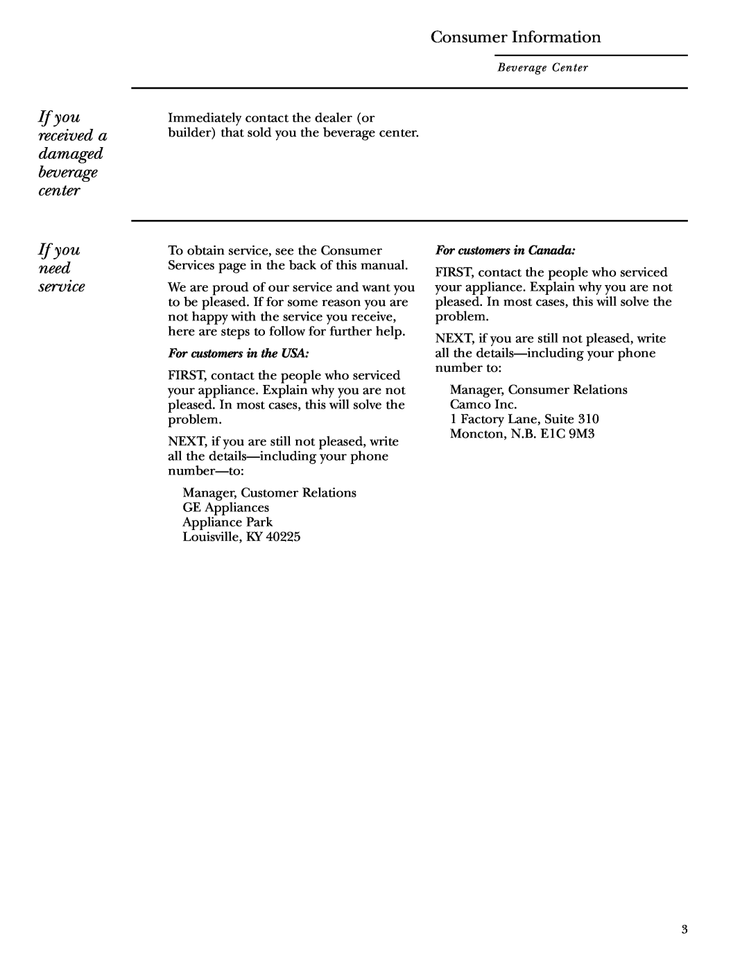 GE ZDBC240 If you received a damaged beverage center, If you need service, Consumer Information, For customers in the USA 