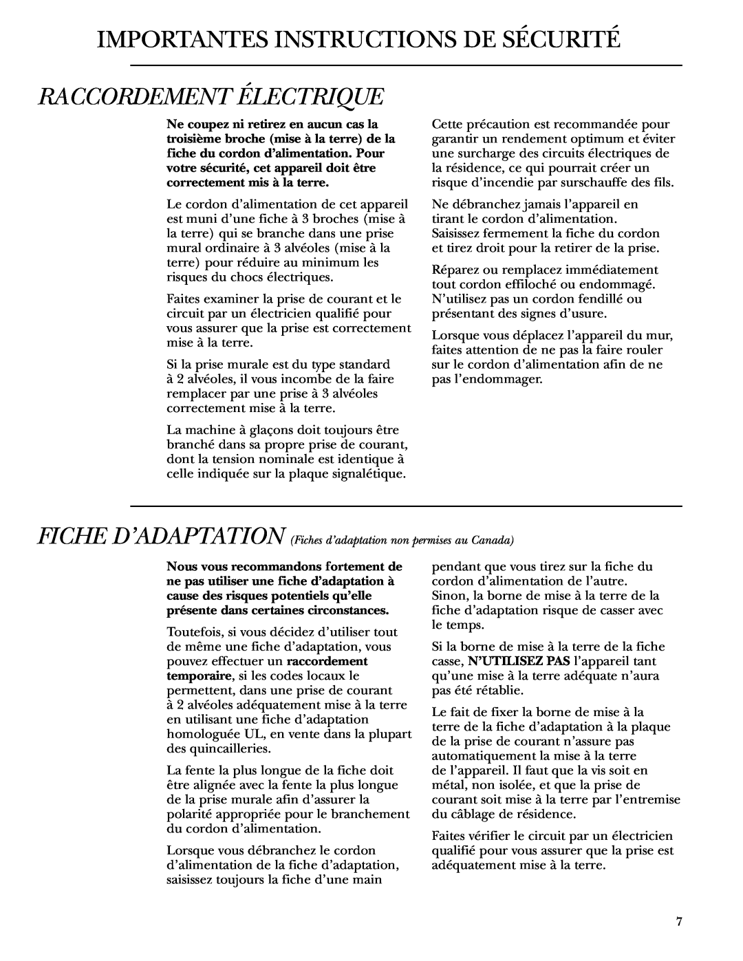 GE ZDBC240 owner manual Importantes Instructions De Sécurité, Raccordement Électrique 
