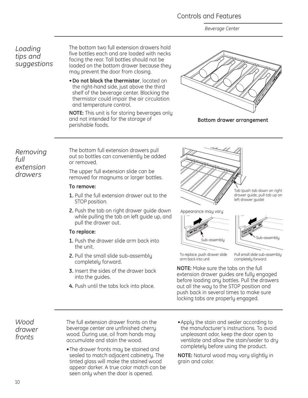 GE ZDBR240 Wood drawer fronts, Loading tips and suggestions, Removing full extension drawers, To remove, To replace 