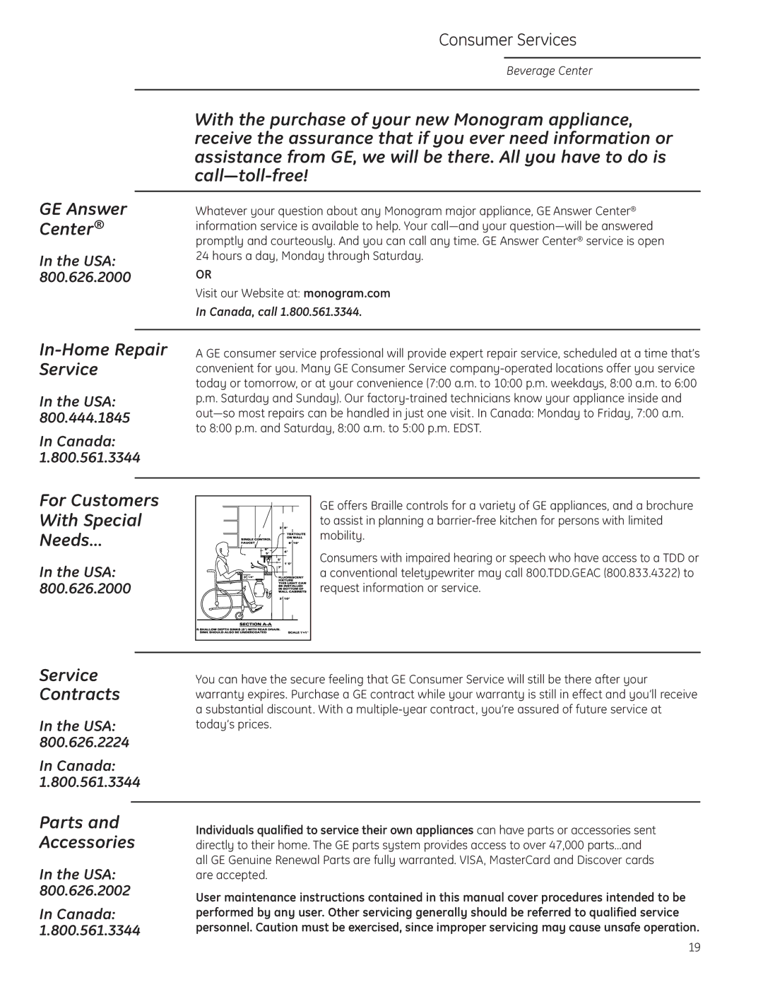 GE ZDBR240 owner manual Consumer Services, In-Home Repair Service 