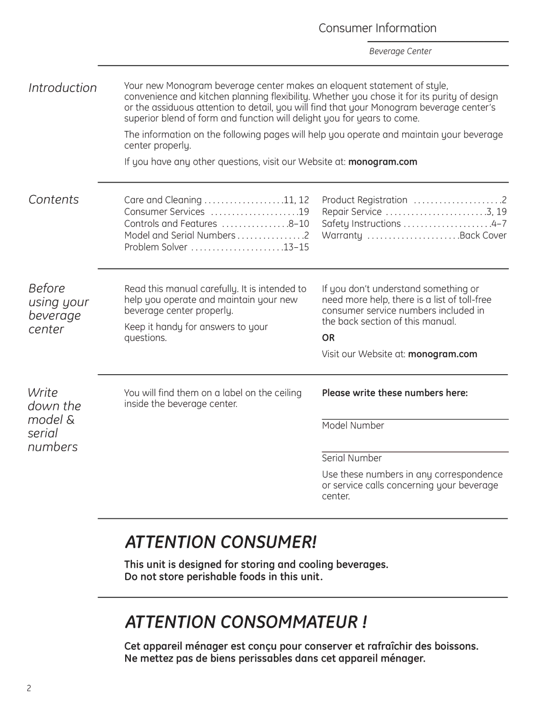 GE ZDBR240 owner manual Introduction, Contents, Before using your beverage center, Write down the model & serial numbers 