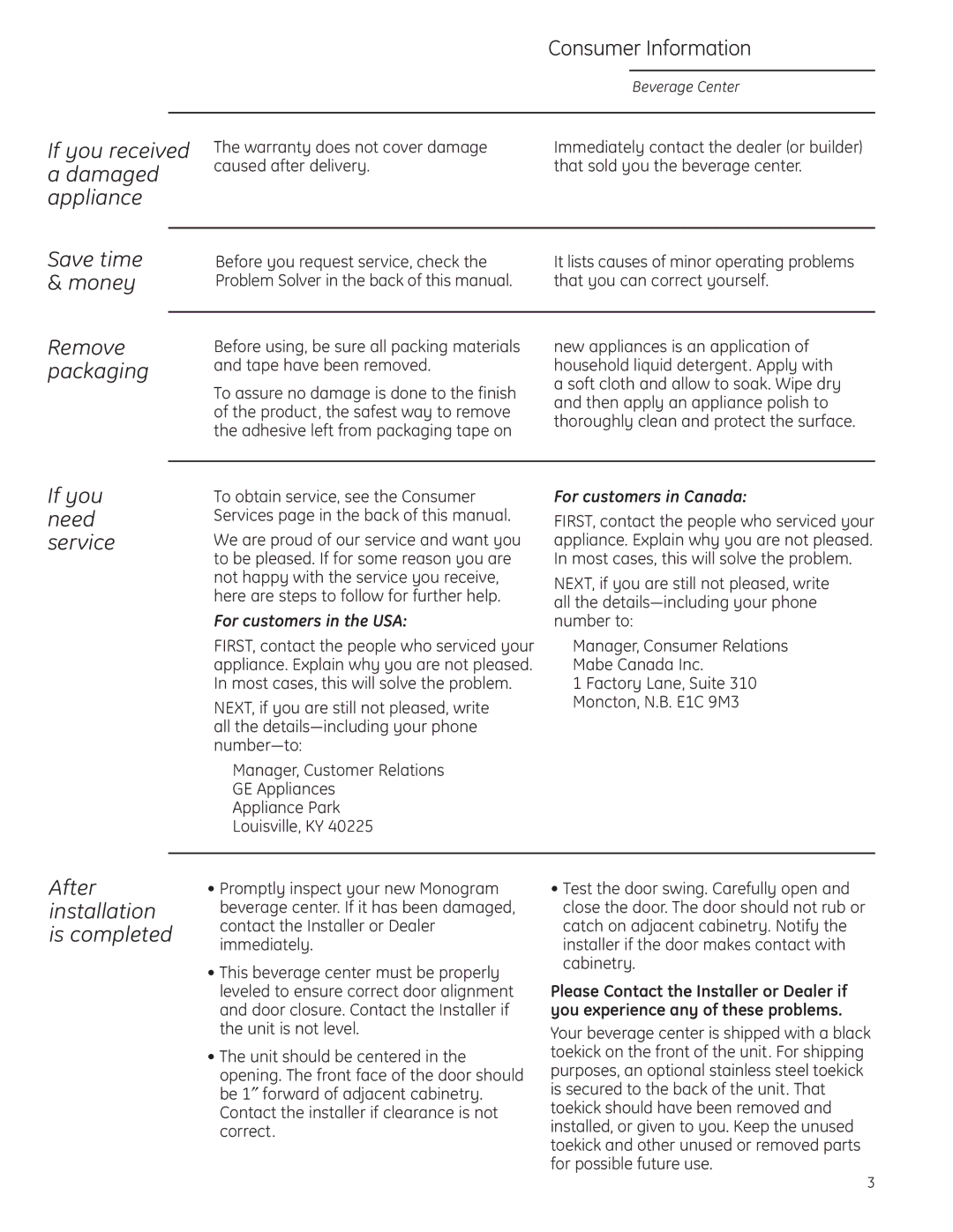 GE ZDBR240 owner manual If you received Damaged appliance, If you need service, Save time & money Remove packaging 