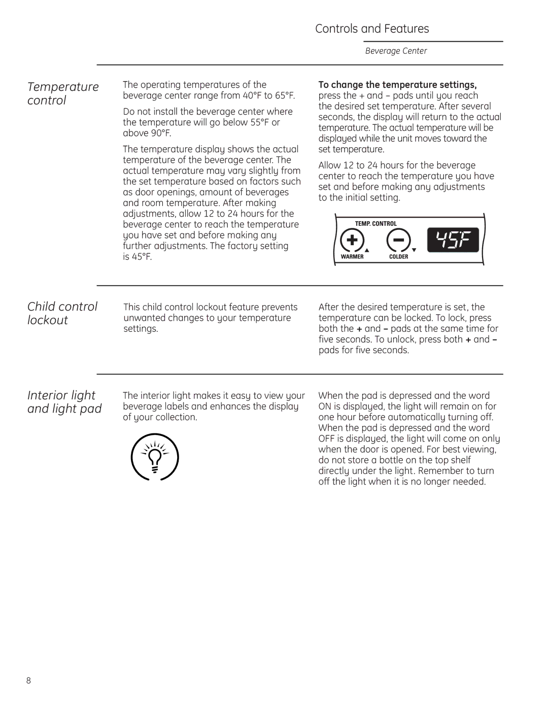 GE ZDBR240 owner manual Controls and Features, Interior light and light pad, Temperature control, Child control lockout 