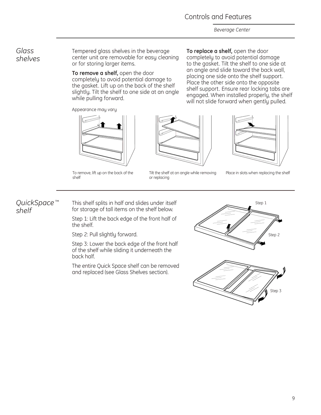 GE ZDBR240 owner manual QuickSpace shelf, Glass shelves 