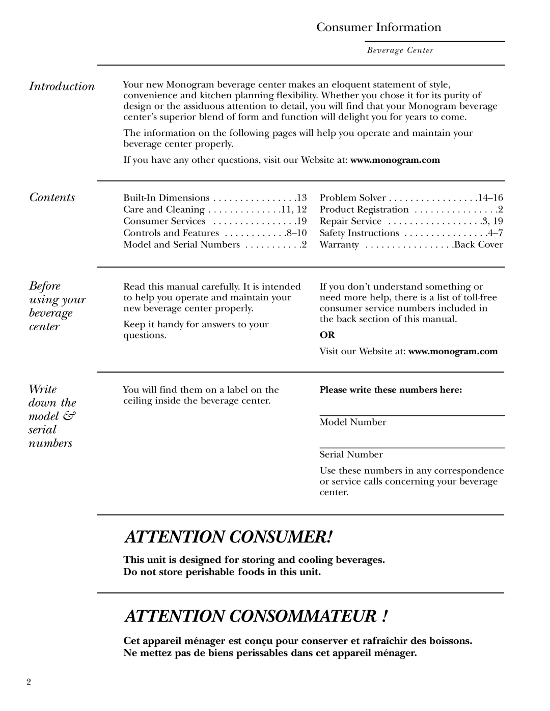 GE ZDBT240 owner manual Introduction, Contents, Before using your beverage center, Write down the model & serial numbers 