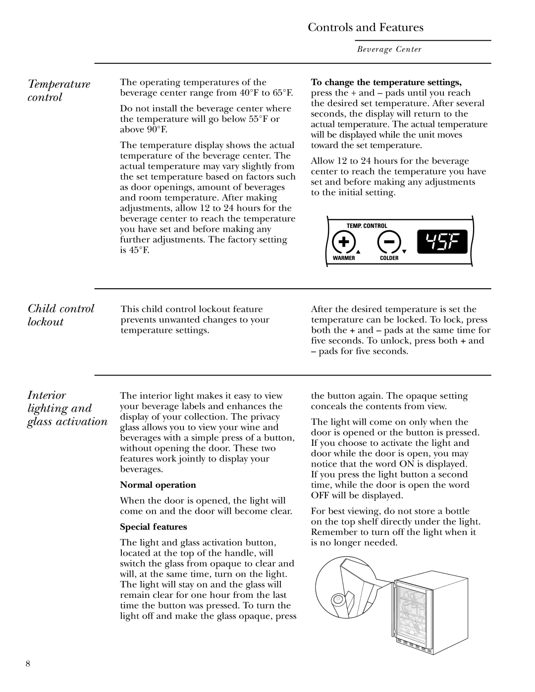 GE ZDBT240 owner manual Temperature control, Child control lockout, Interior lighting and glass activation 