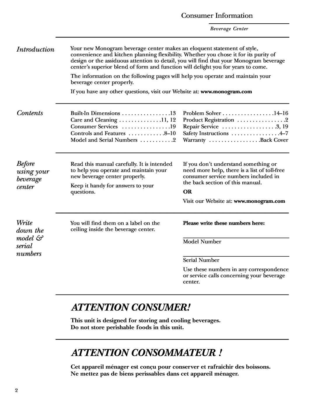 GE ZDBT240 owner manual Consumer Information, Introduction, Contents, Before using your beverage center, Attention Consumer 