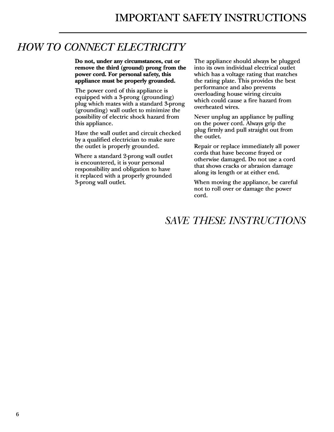 GE ZDBT240 owner manual How To Connect Electricity, Save These Instructions, Important Safety Instructions 