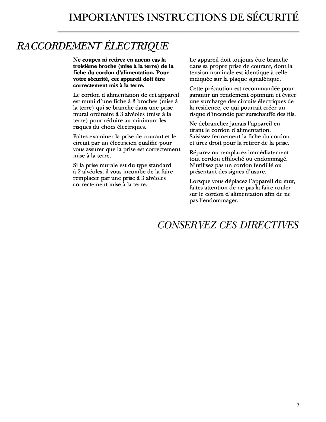 GE ZDBT240 owner manual Raccordement Électrique, Conservez Ces Directives, Importantes Instructions De Sécurité 