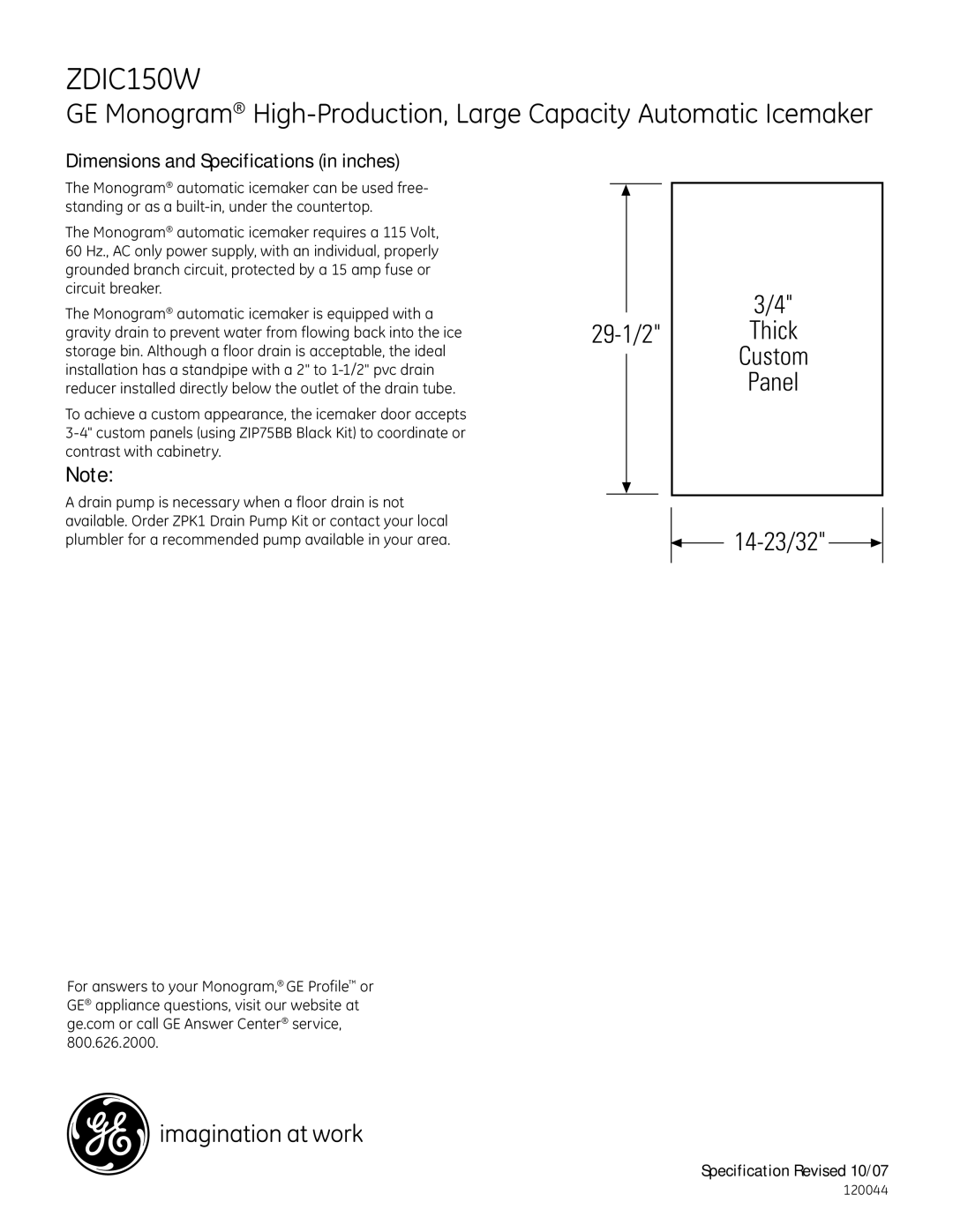 GE ZDIC150W dimensions Thick, Custom, Panel, Dimensions and Specifications in inches 