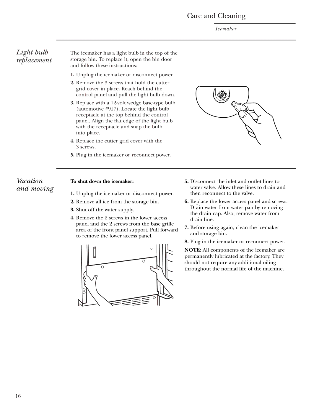 GE ZDIS15, ZDI15 owner manual Light bulb replacement, Vacation and moving, To shut down the icemaker 