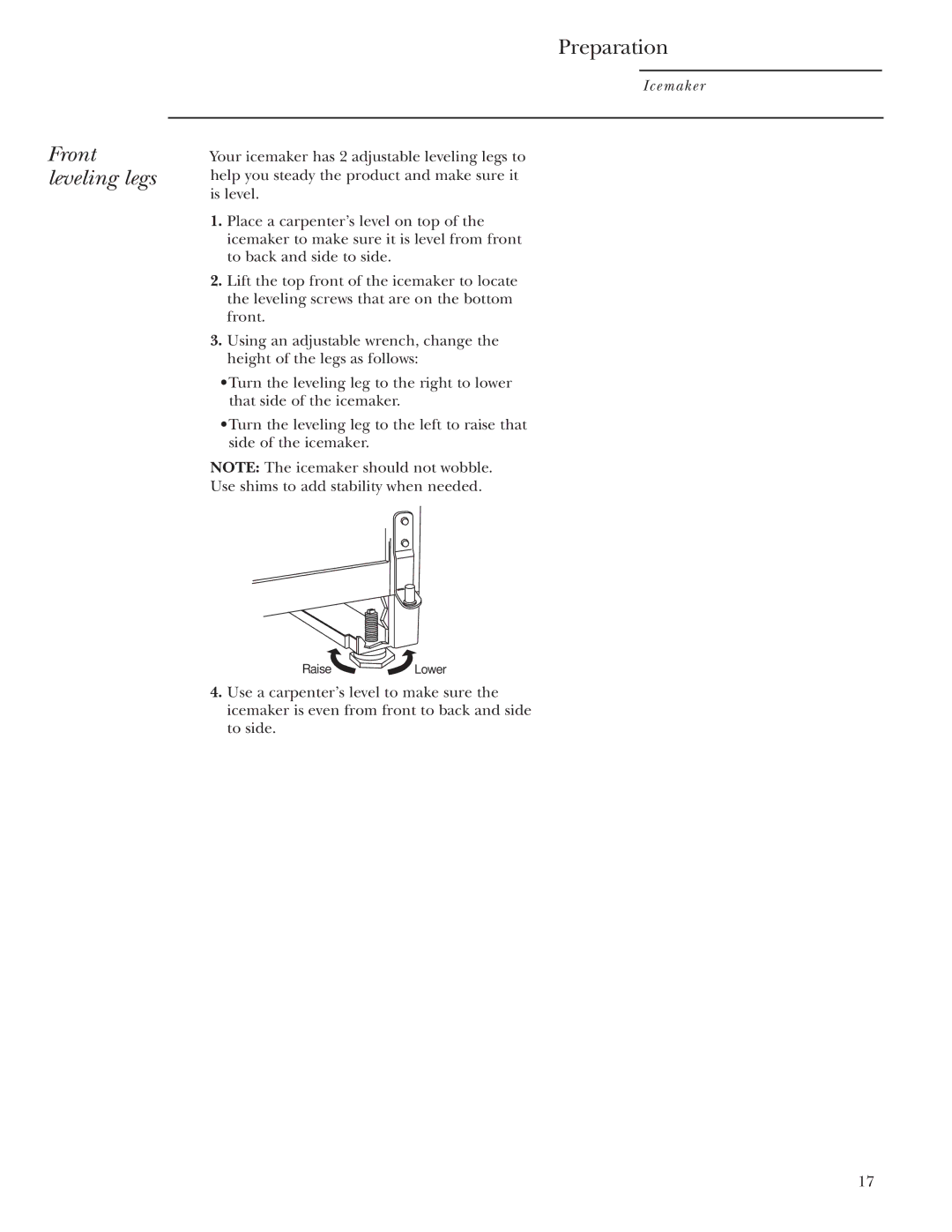 GE ZDI15, ZDIS15 owner manual Front leveling legs, Preparation 