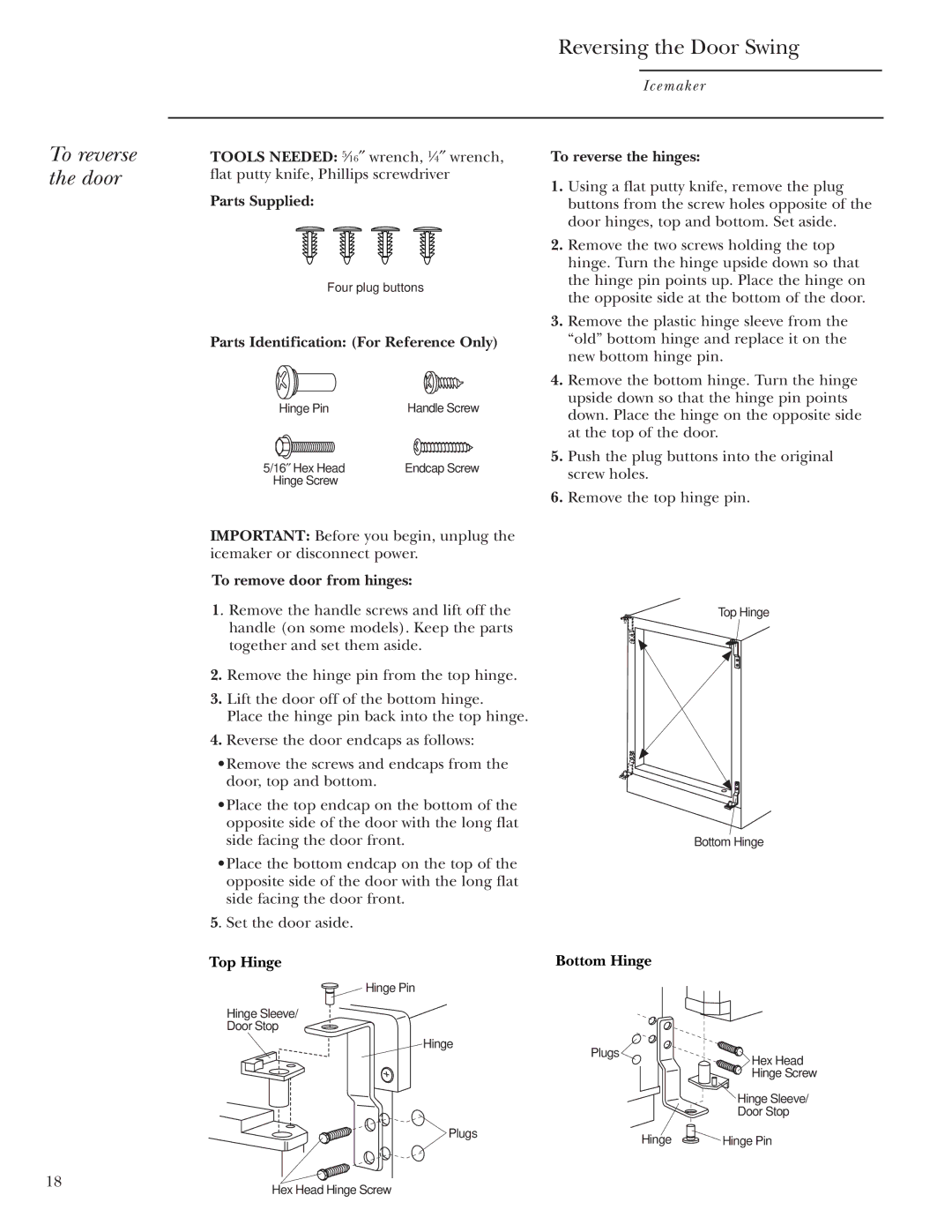 GE ZDIS15, ZDI15 owner manual To reverse the door 