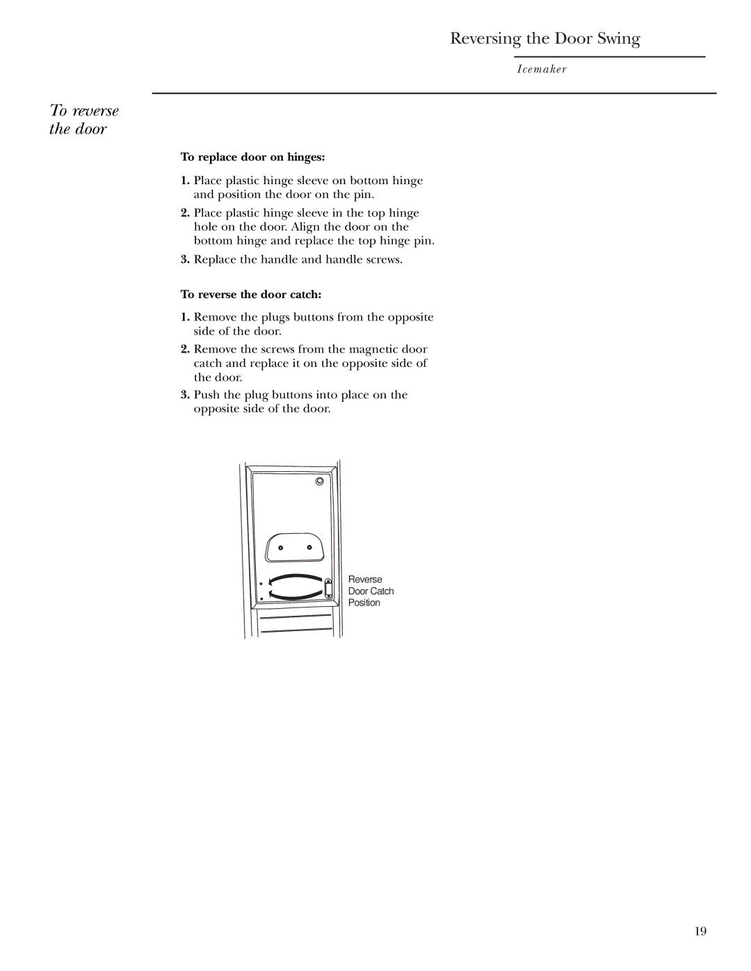 GE ZDI15, ZDIS15 owner manual To replace door on hinges, To reverse the door catch 