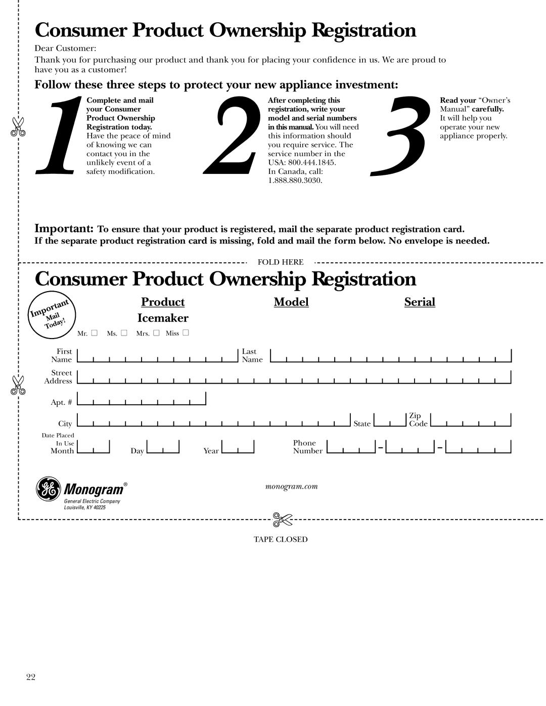 GE ZDIS15, ZDI15 owner manual Consumer Product Ownership Registration 