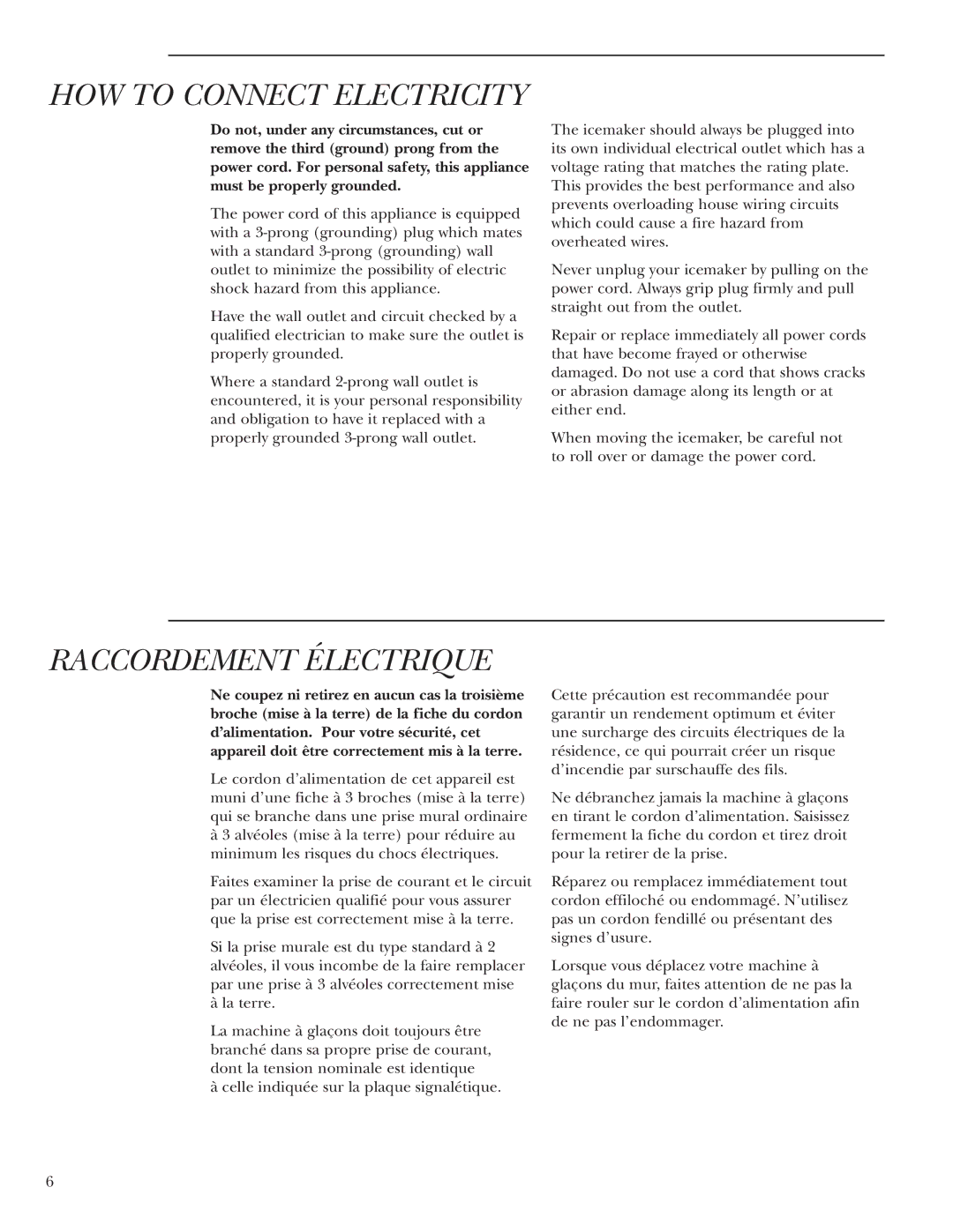 GE ZDIS15, ZDI15 owner manual HOW to Connect Electricity, Raccordement Électrique 