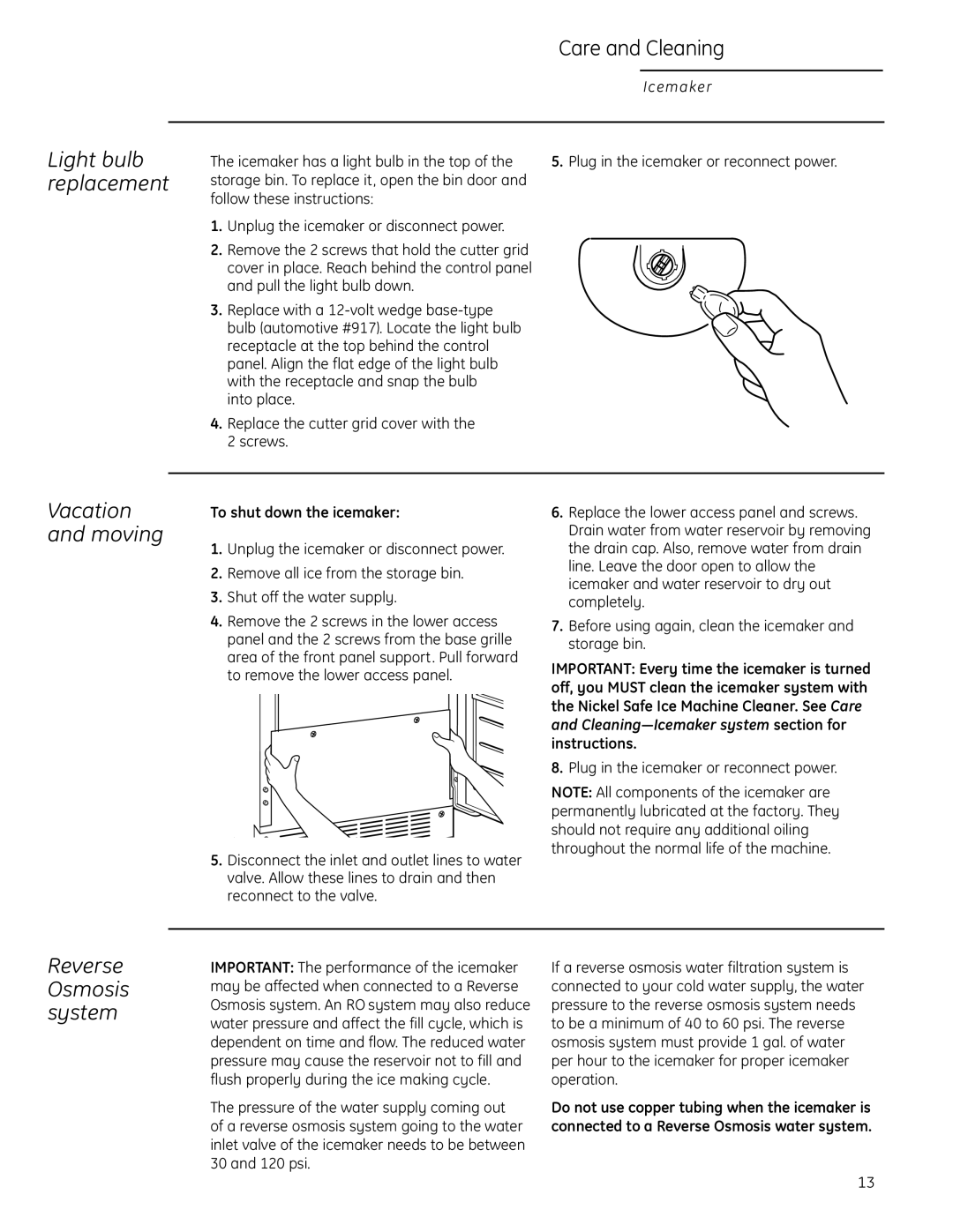 GE ZDIC150, ZDIS150 owner manual Vacation and moving, Icemaker has a light bulb in the top, To shut down the icemaker 