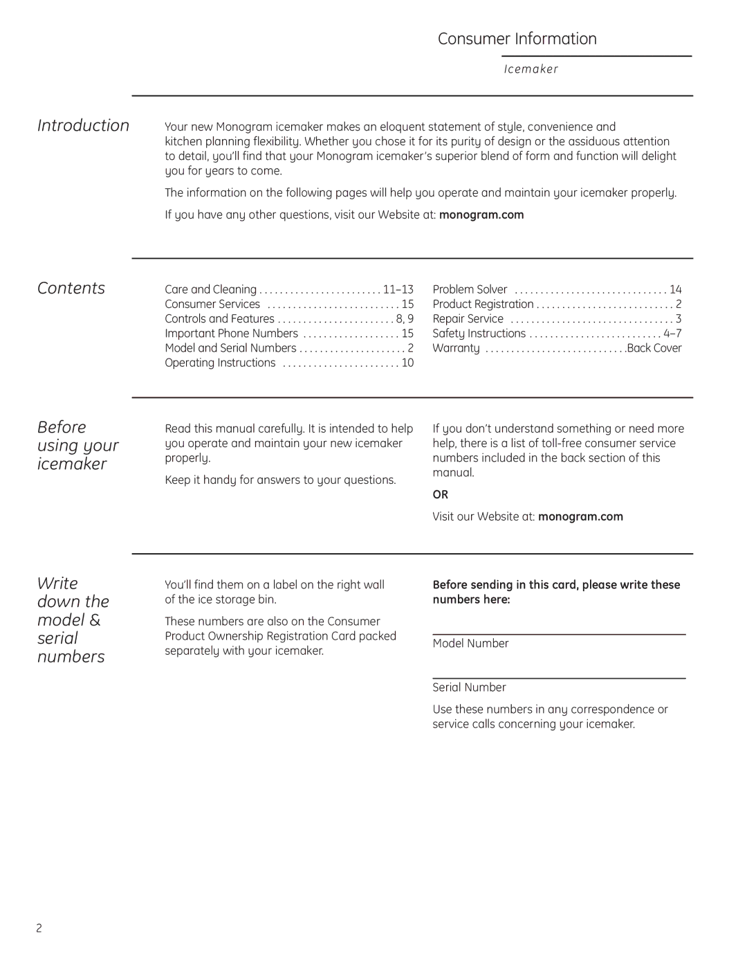 GE ZDIS150, ZDIC150 owner manual Introduction, Contents, Before using your icemaker, Write down the model & serial numbers 