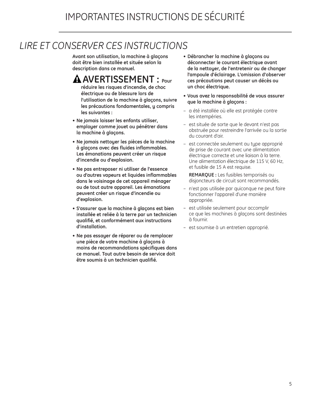 GE ZDIC150, ZDIS150 owner manual Lire ET Conserver CES Instructions, Avertissement Pour 