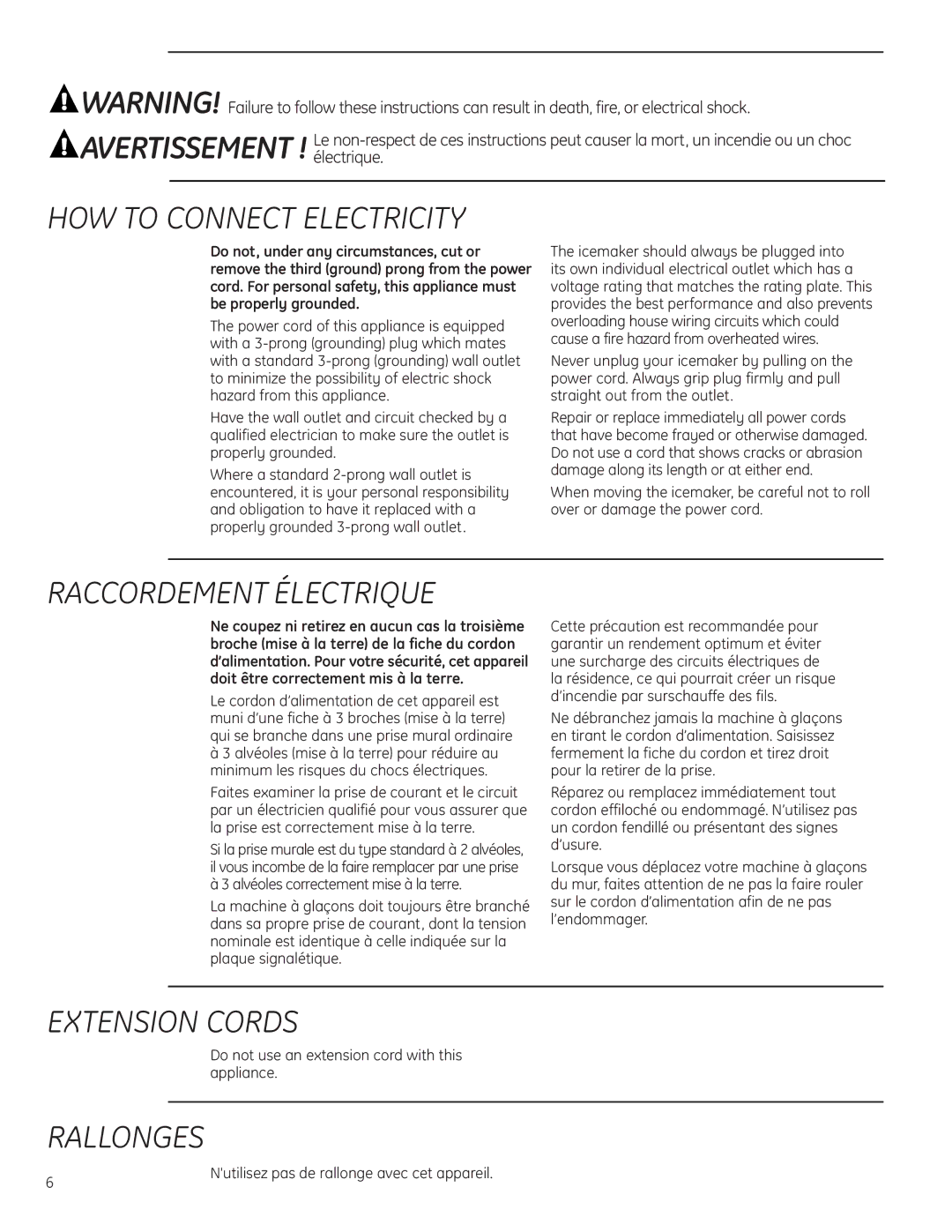 GE ZDIS150, ZDIC150 Raccordement Électrique, Extension Cords, Rallonges, Do not use an extension cord with this appliance 