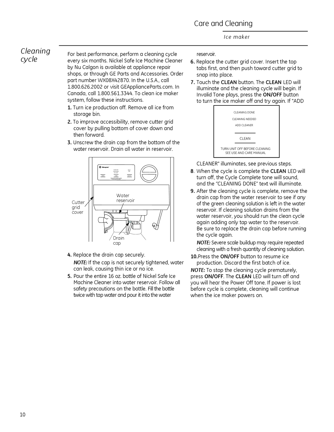 GE ZDIS150, ZDIC150 owner manual Cleaning cycle, Replace the drain cap securely 