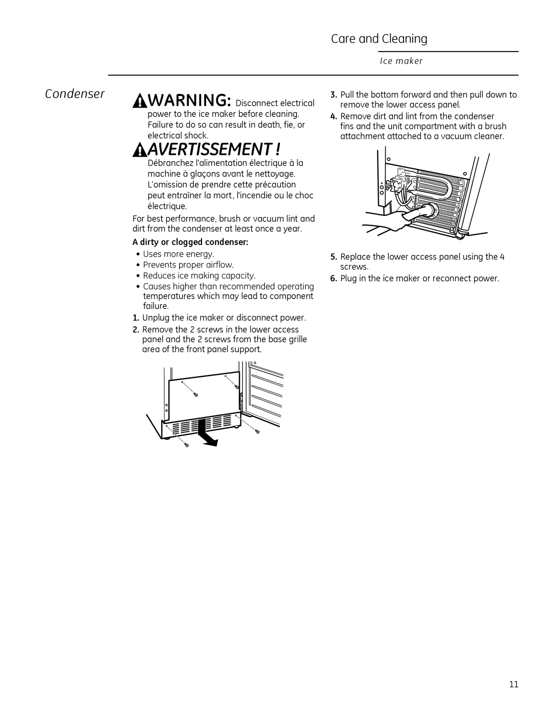 GE ZDIC150, ZDIS150 owner manual Care and Cleaning, Condenser, Dirty or clogged condenser 