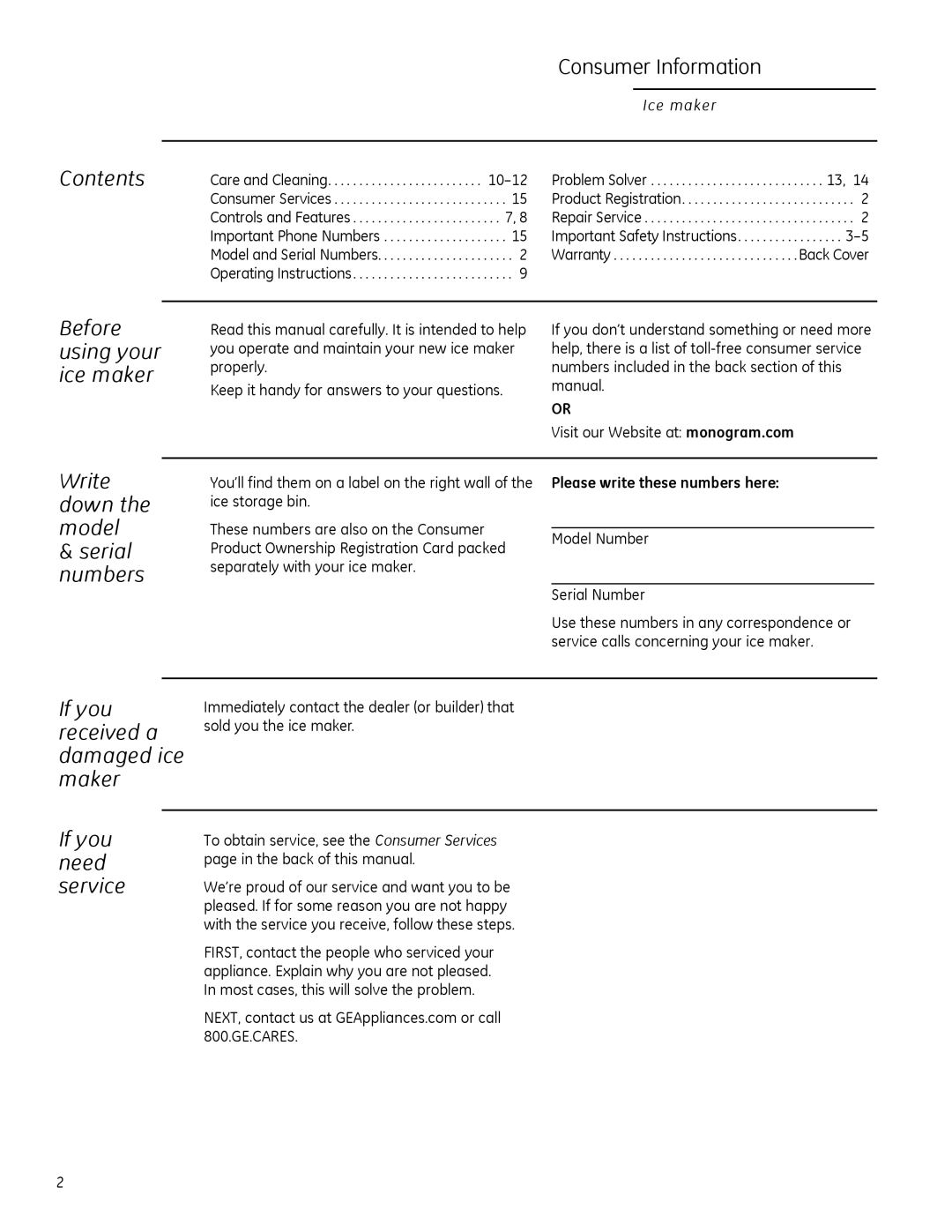 GE ZDIS150 Contents, Before using your ice maker, Write down the model Serial numbers, If you received a damaged ice maker 