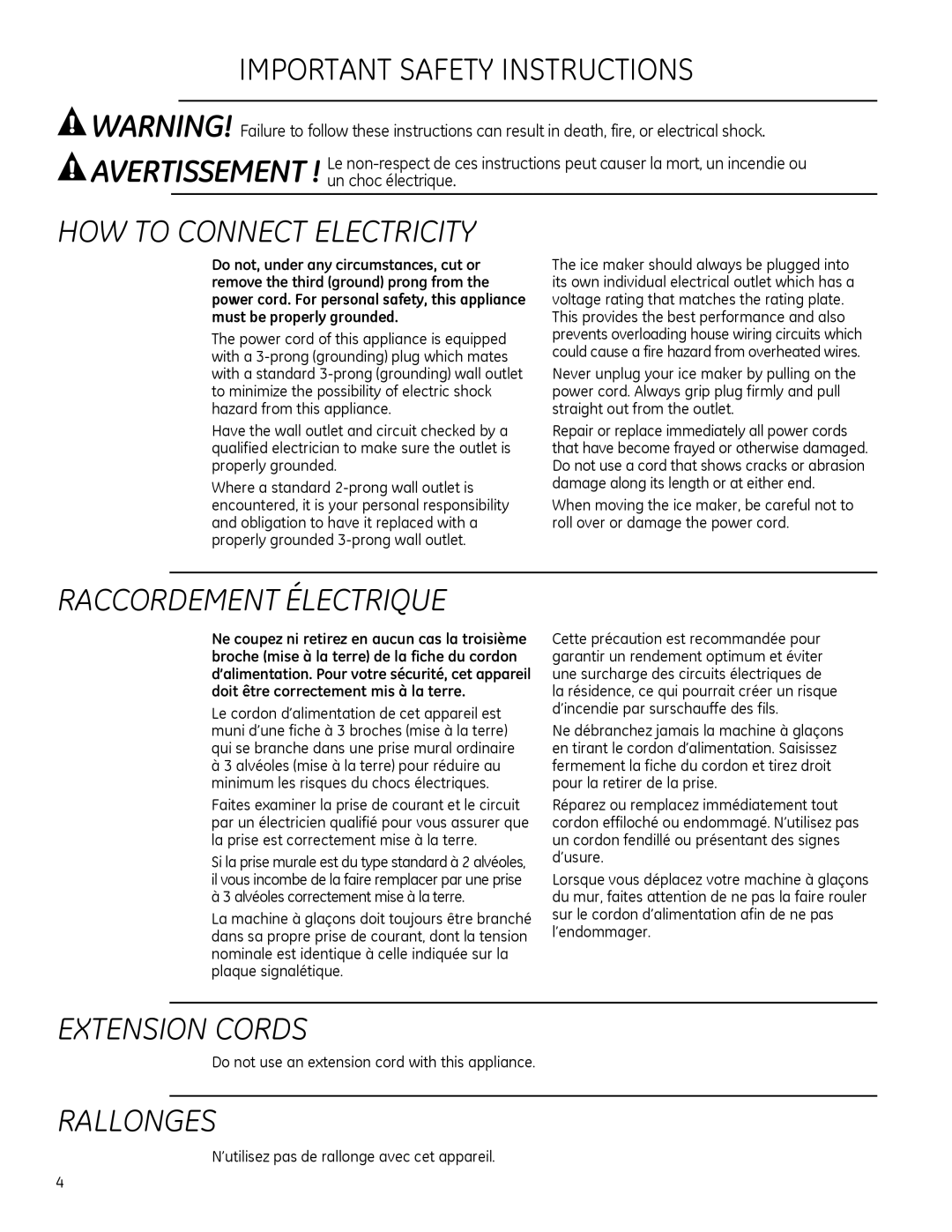 GE ZDIS150, ZDIC150 owner manual Extension Cords 