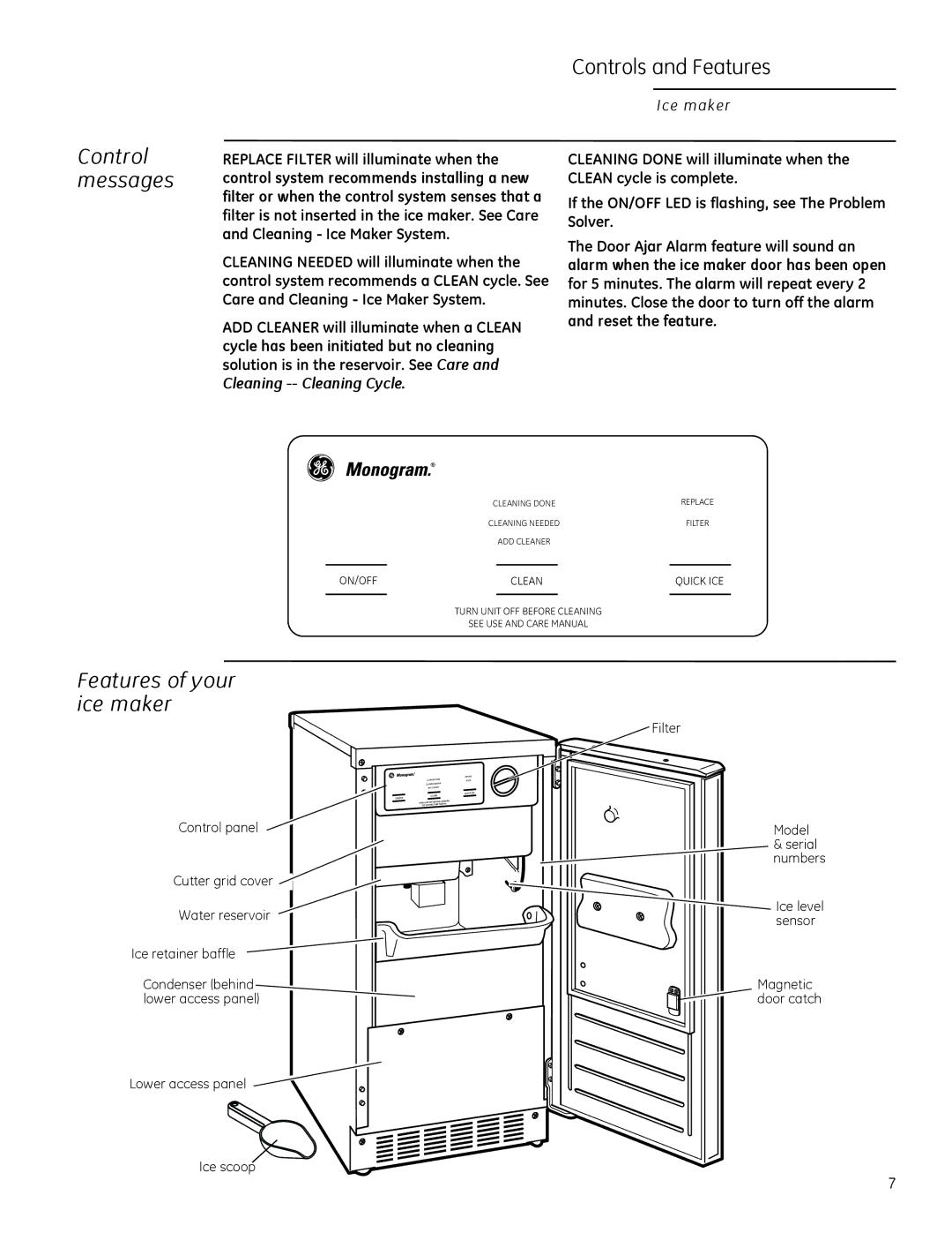 GE ZDIC150, ZDIS150 owner manual Controls and Features, Features of your ice maker, Control messages 