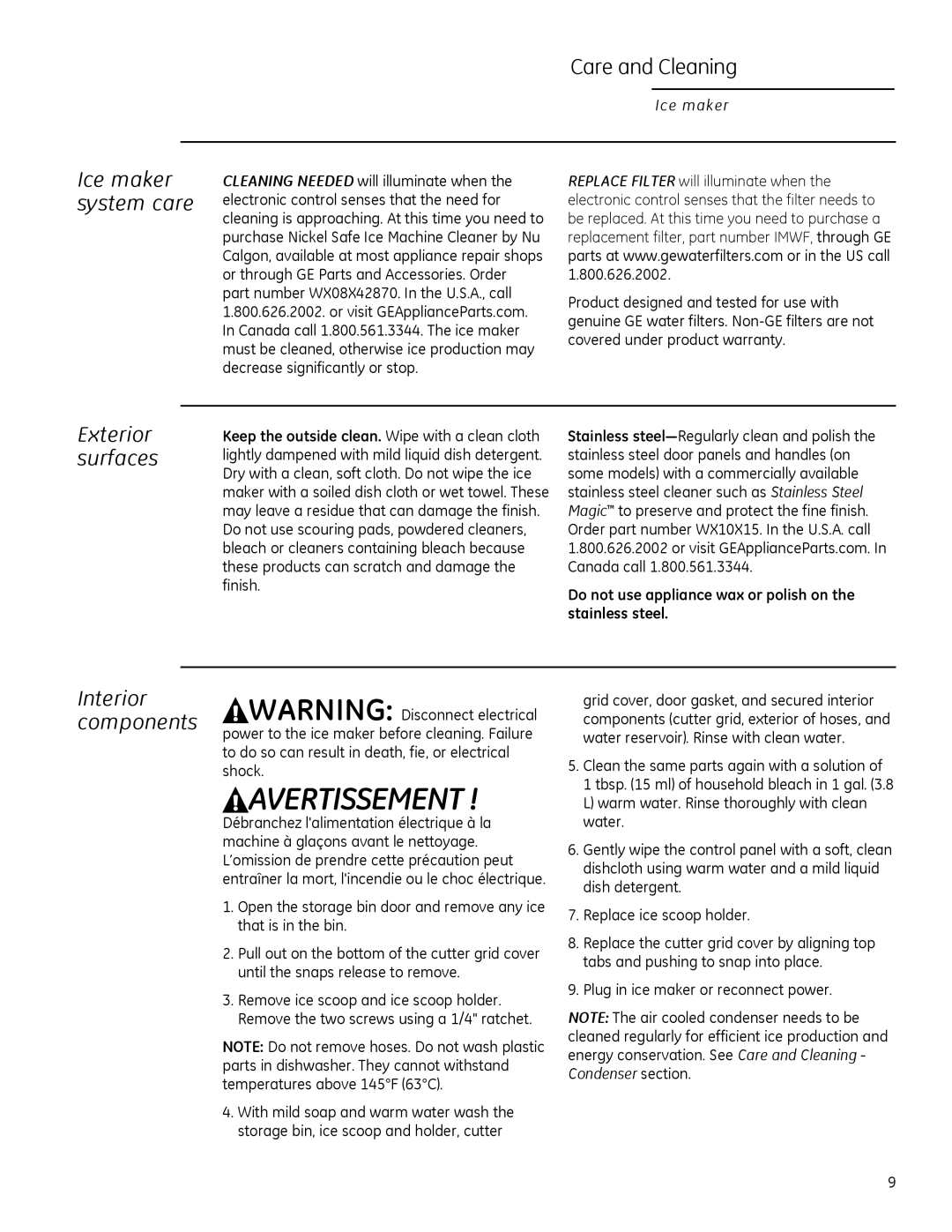 GE ZDIC150, ZDIS150 owner manual Care and Cleaning, Exterior surfaces, Ice maker system care, Interior components 