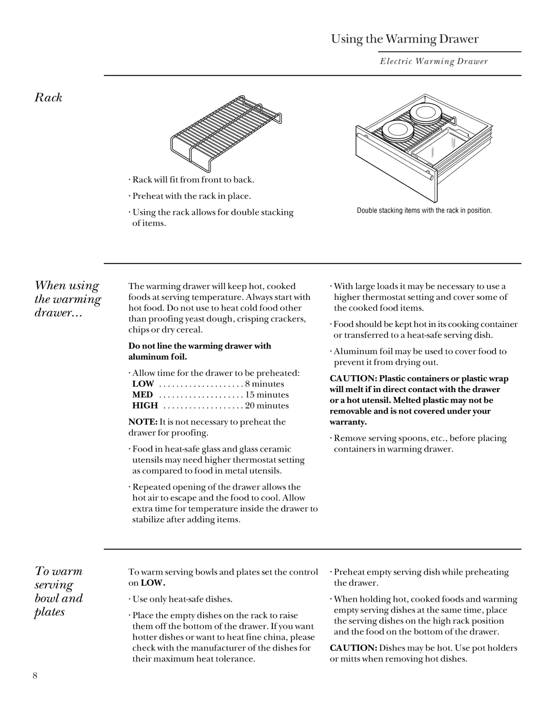 GE ZDK910, ZDT910 manual Rack, When using the warming drawer…, To warm serving bowl and plates 