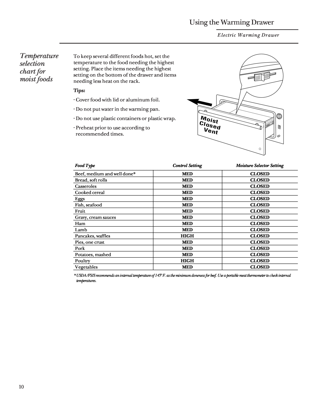 GE ZDK910, ZDT910 manual Temperature selection chart for moist foods, Using the Warming Drawer, Moist, Closed, Vent 