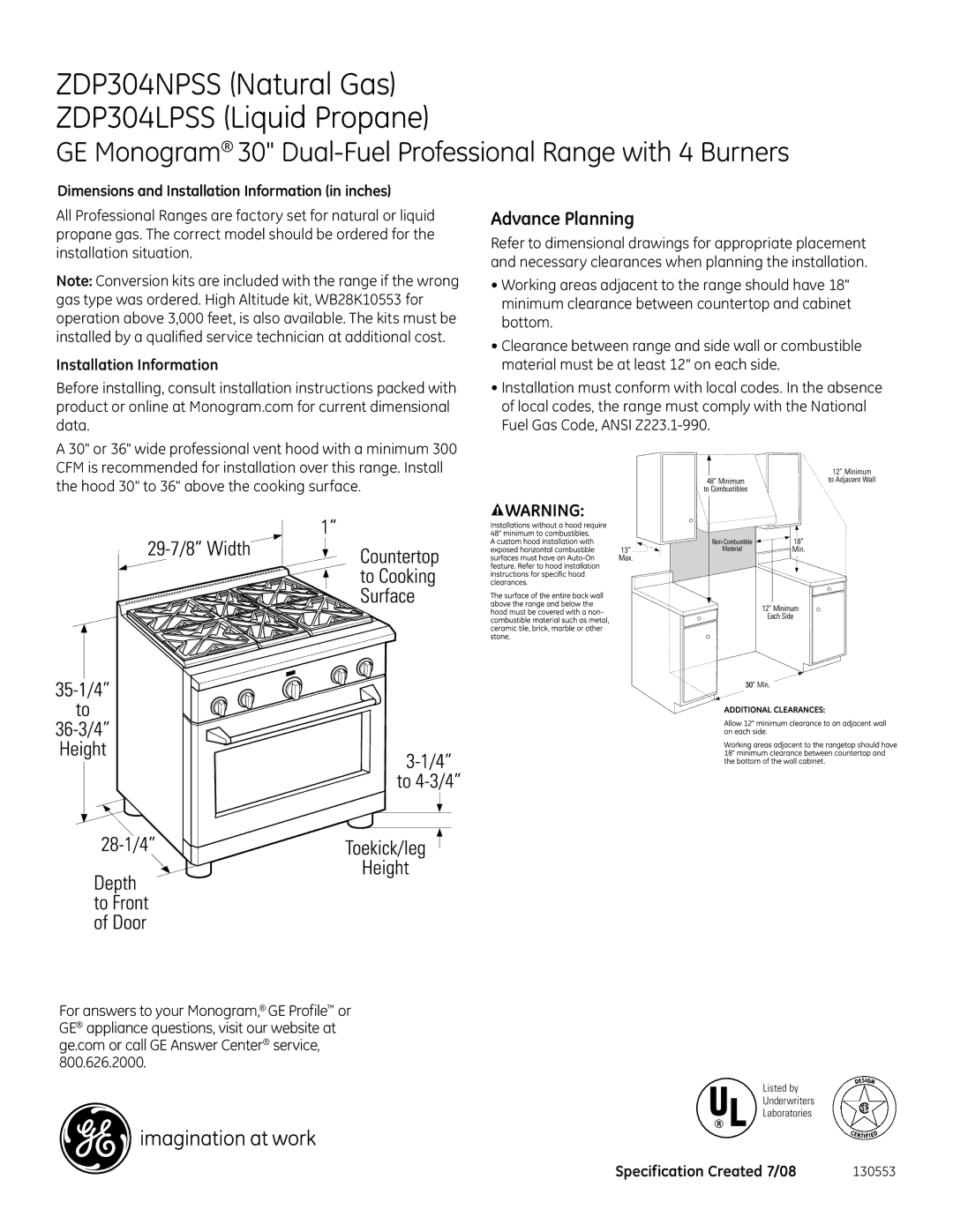 GE dimensions ZDP304NPSS Natural Gas ZDP304LPSS Liquid Propane, Advance Planning 