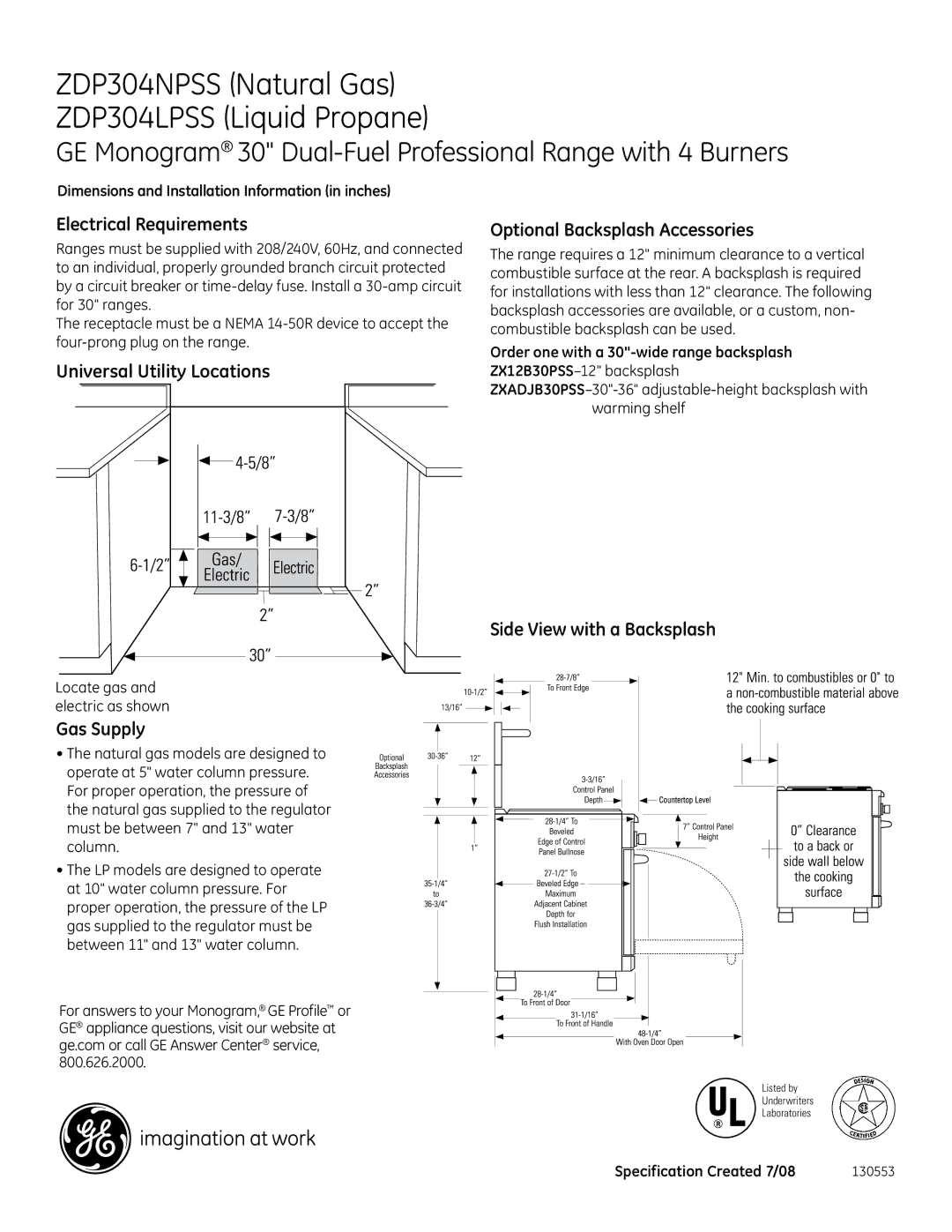 GE ZDP304LPSS dimensions Electrical Requirements, Universal Utility Locations, Gas Supply, Optional Backsplash Accessories 