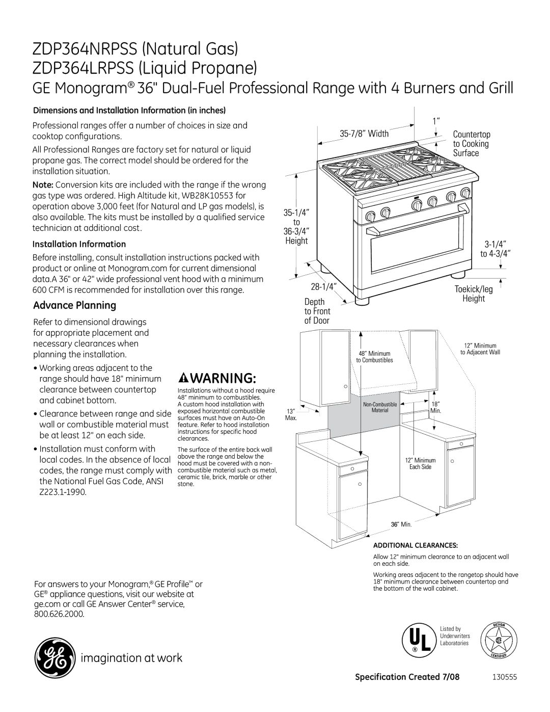 GE dimensions ZDP364NRPSS Natural Gas ZDP364LRPSS Liquid Propane, Advance Planning, Installation Information 