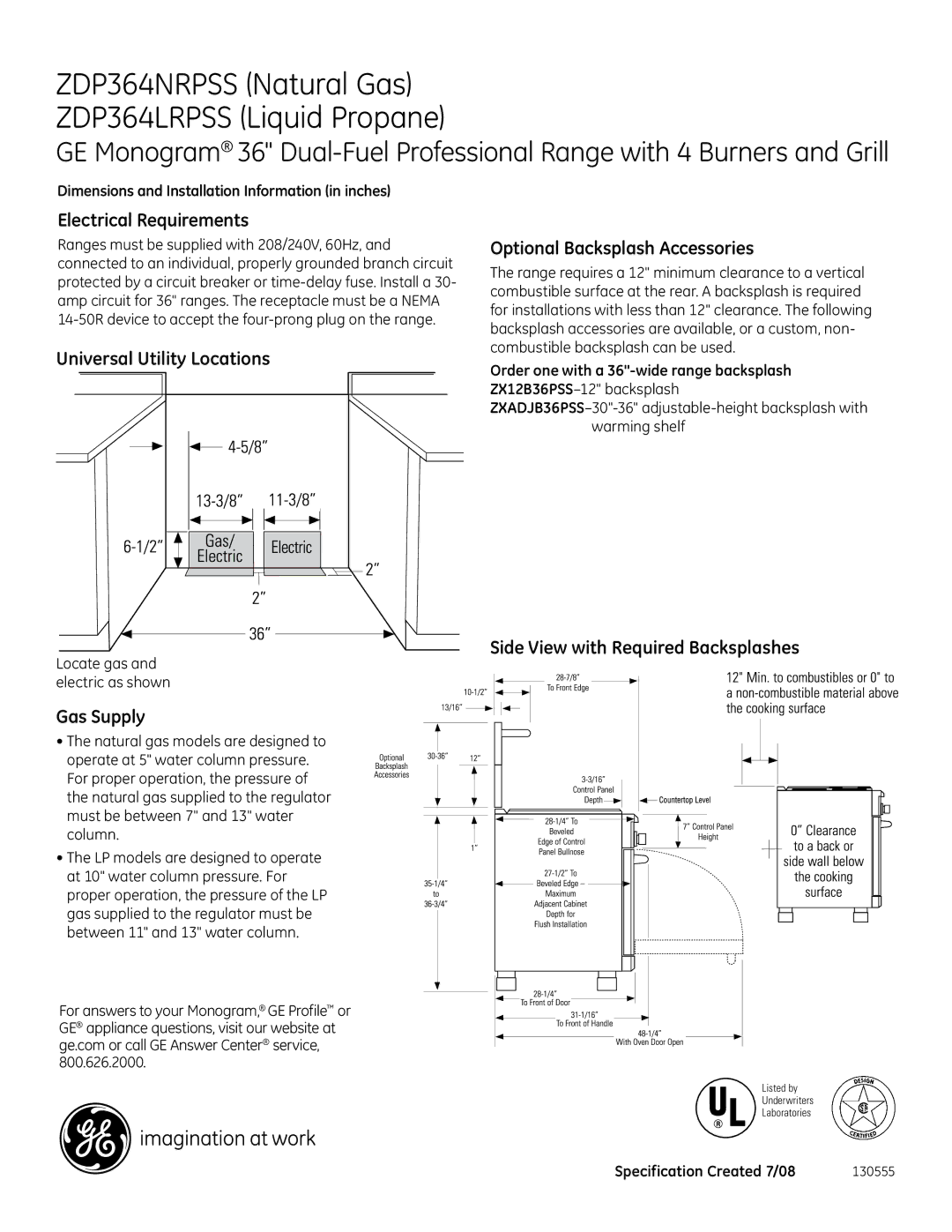 GE ZDP364LRPS dimensions Electrical Requirements, Universal Utility Locations, Gas Supply, Optional Backsplash Accessories 