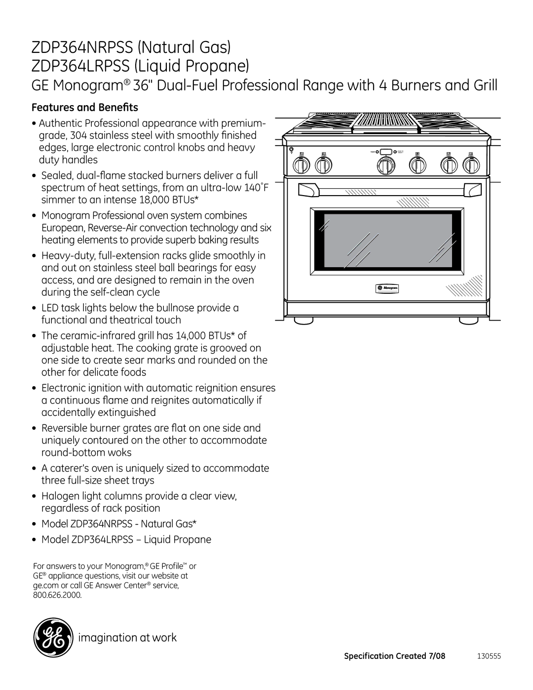 GE ZDP364LRPS dimensions Features and Benefits 