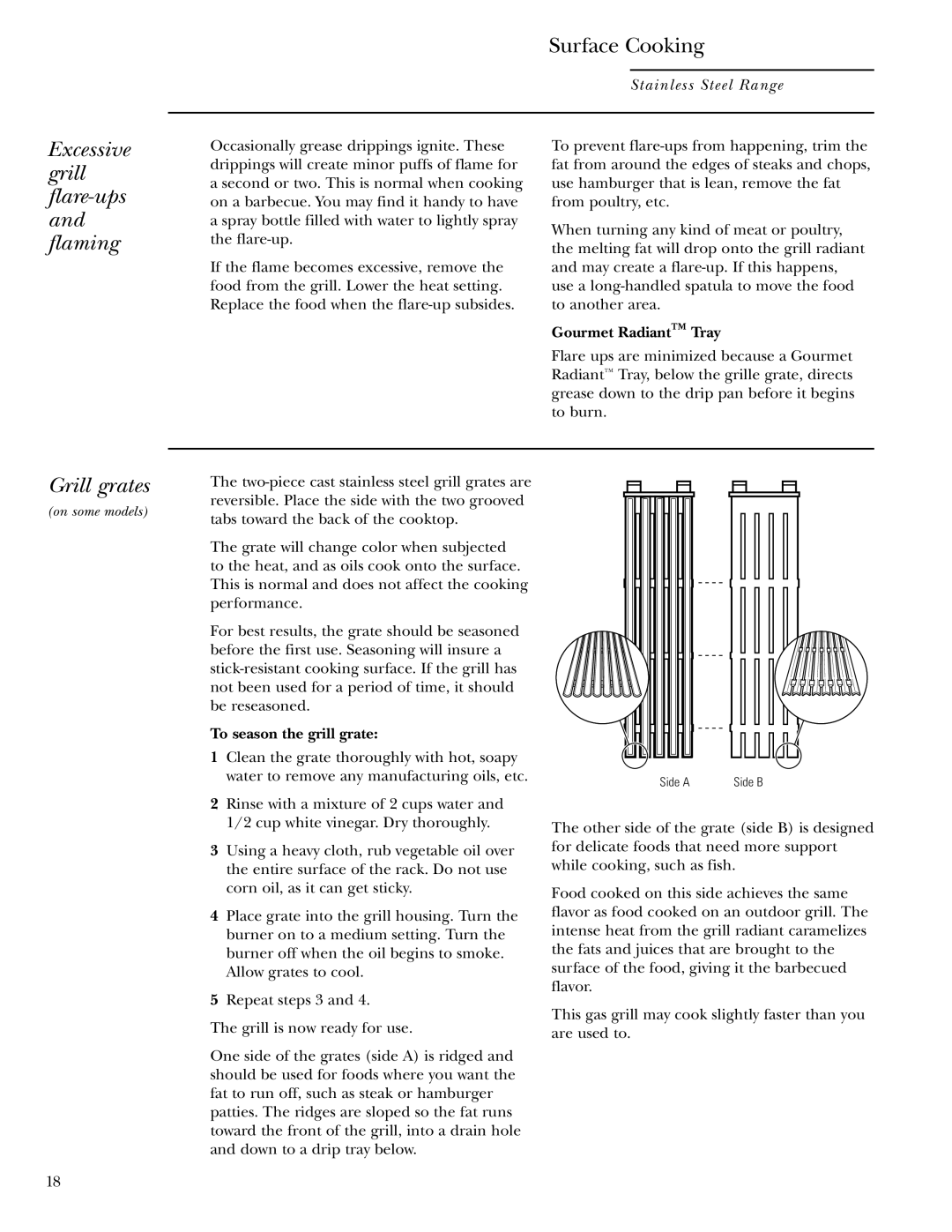 GE ZDP48L4G, ZDP36L4D Excessive grill flare-ups and flaming, Grill grates, Gourmet Radiant Tray, To season the grill grate 