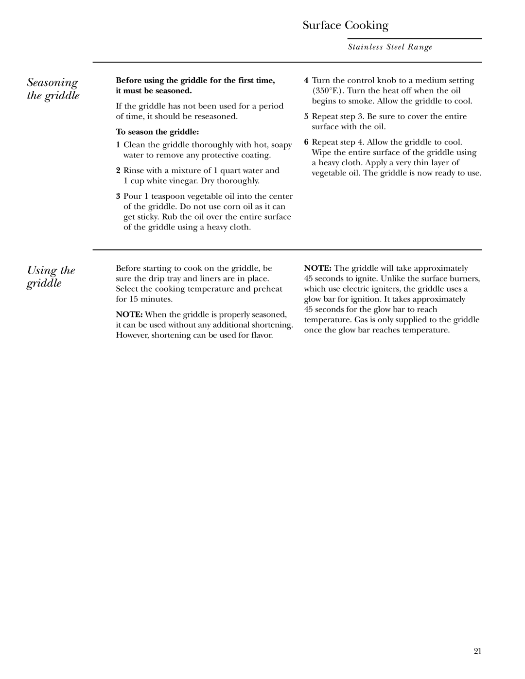 GE ZDP48L6R, ZDP36L4D, ZDP30N4, ZDP30L4, ZDP48N6R, ZDP48L4G, ZDP48N4G Seasoning the griddle Surface Cooking, Using the griddle 