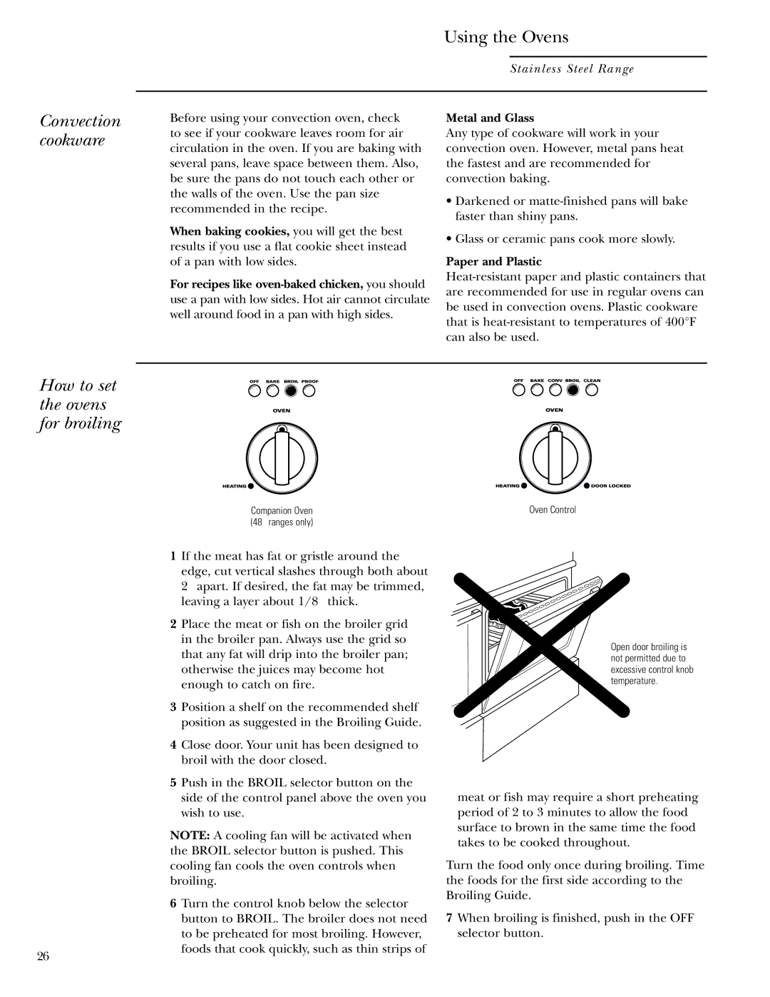 GE ZDP36L4R, ZDP36L4D, ZDP30N4, ZDP30L4, ZDP48N6R Convection cookware, How to set the ovens for broiling, Paper and Plastic 