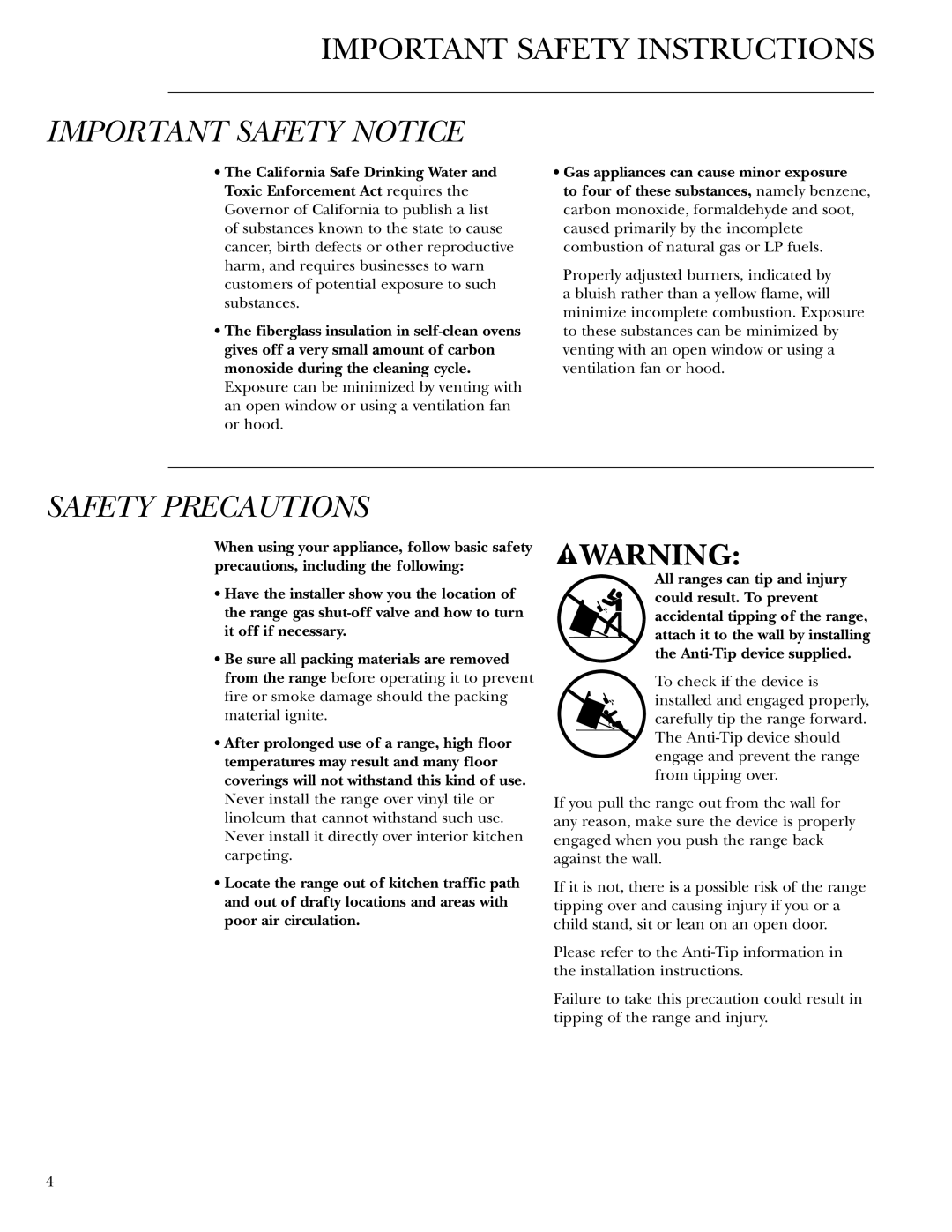 GE ZDP48L4G, ZDP36L4D, ZDP30N4, ZDP30L4, ZDP48N6R, ZDP48N4G, ZDP48L6D, ZDP48L6R Important Safety Notice, Safety Precautions 