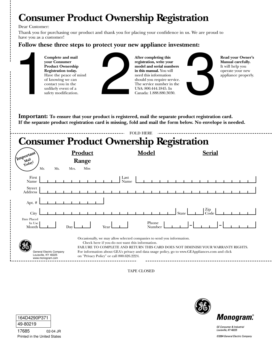 GE ZDP30L4, ZDP36L4D, ZDP30N4, ZDP48N6R, ZDP48L4G, ZDP48N4G, ZDP48L6D, ZDP48L6R, ZDP48N6D Consumer Product Ownership Registration 