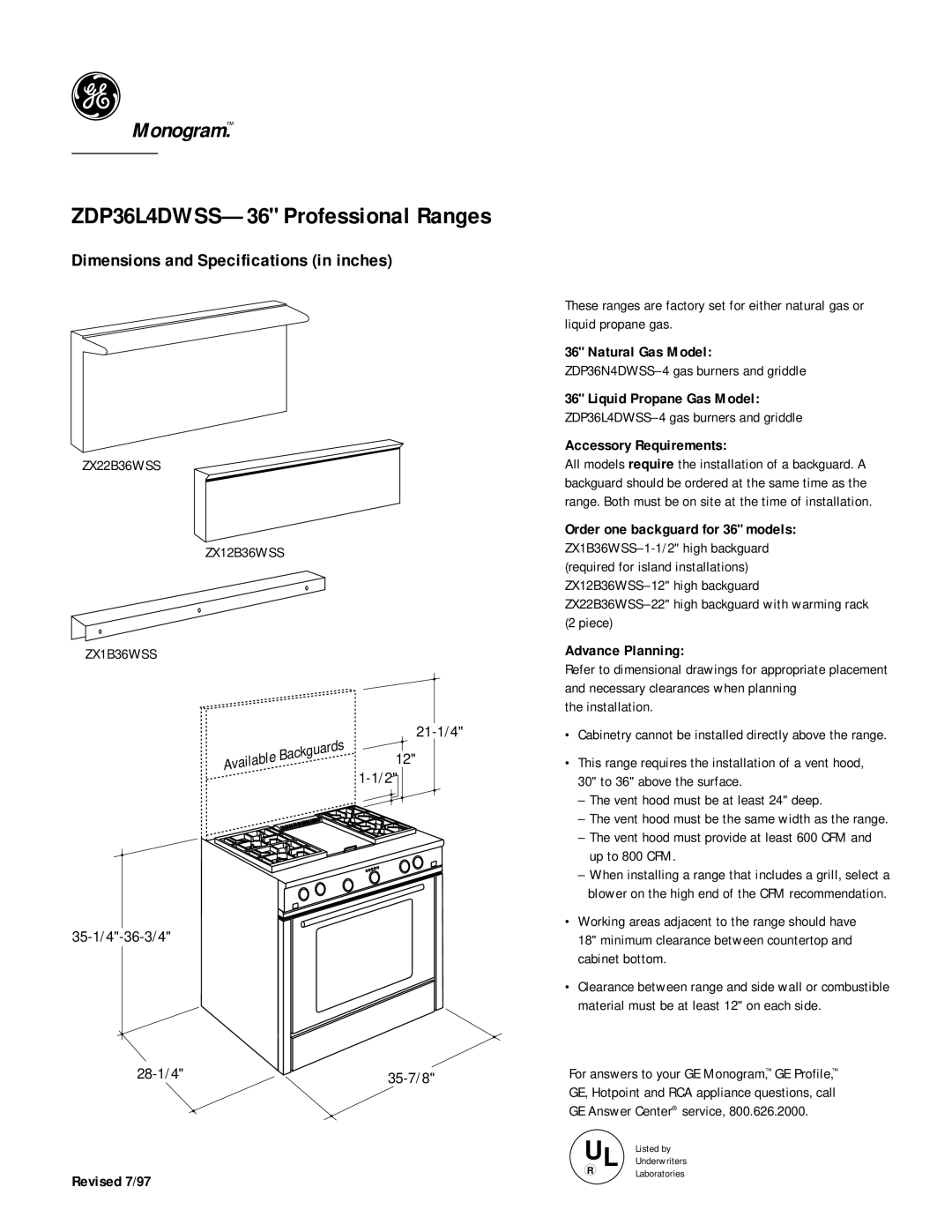 GE dimensions ZDP36L4DWSS-36 Professional Ranges, Dimensions and Specifications in inches, Revised 7/97 