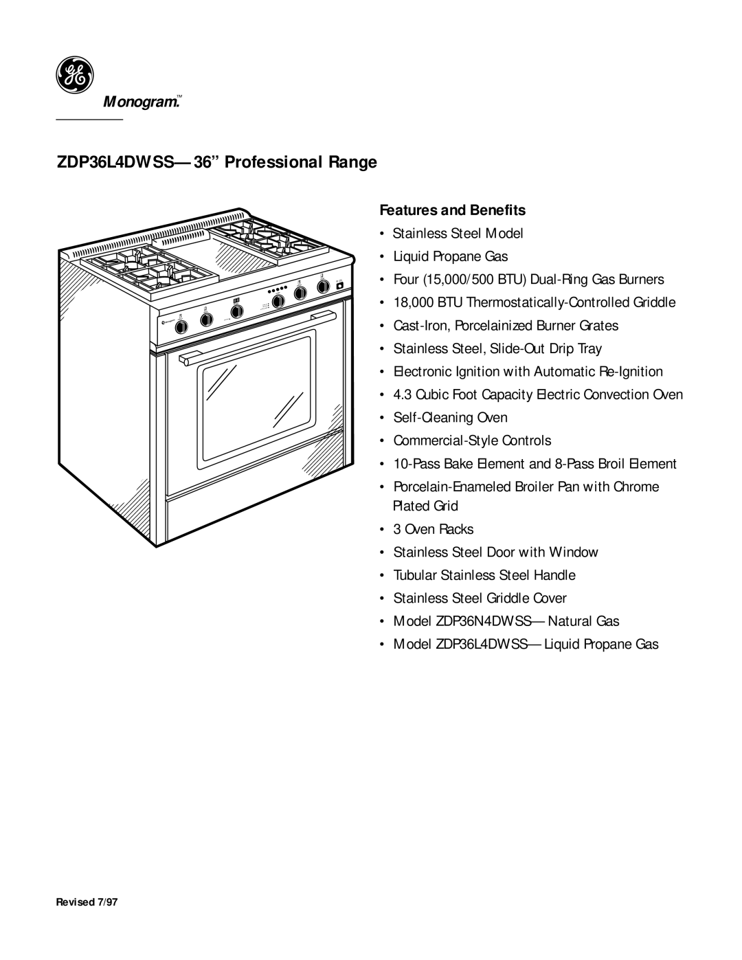 GE dimensions ZDP36L4DWSS-36 Professional Range, Features and Benefits 