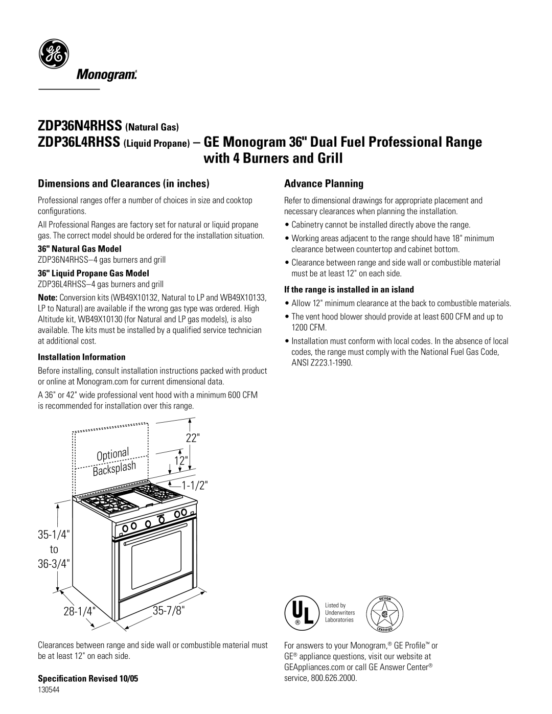 GE ZDP36L4RHSS4, ZDP36N4RHSS4 dimensions Dimensions and Clearances in inches, Advance Planning, Installation Information 