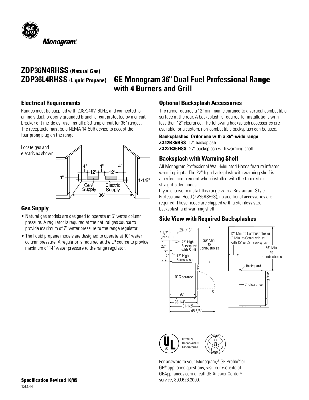 GE ZDP36N4RHSS4 Electrical Requirements, Gas Supply, Optional Backsplash Accessories, Backsplash with Warming Shelf 