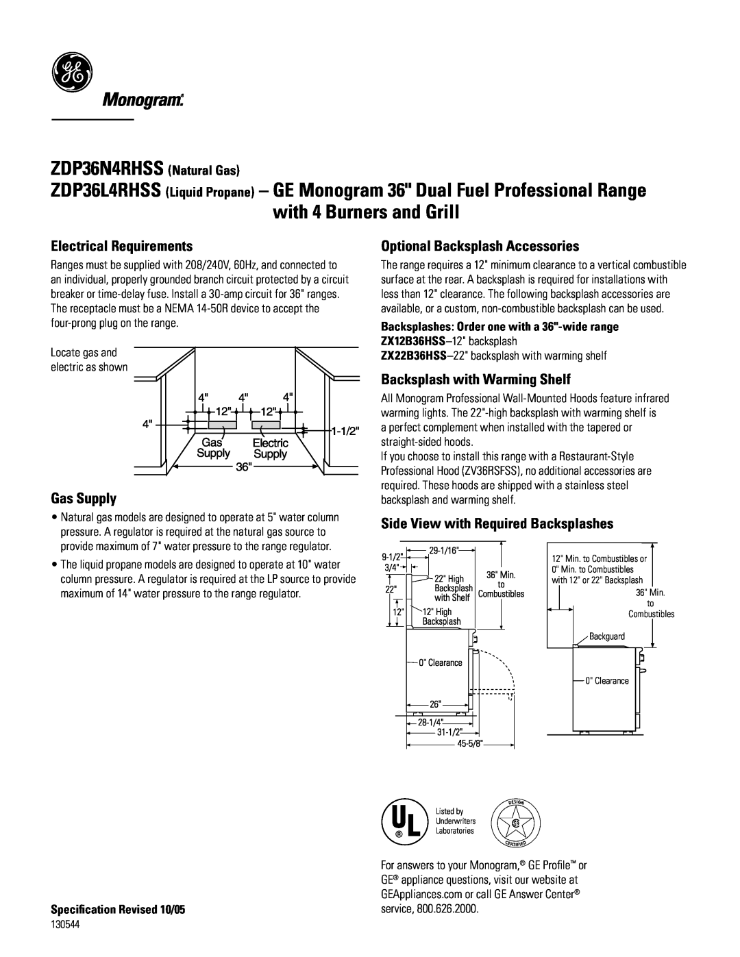 GE ZDP36N4RHSS4 Electrical Requirements, Gas Supply, Optional Backsplash Accessories, Backsplash with Warming Shelf 