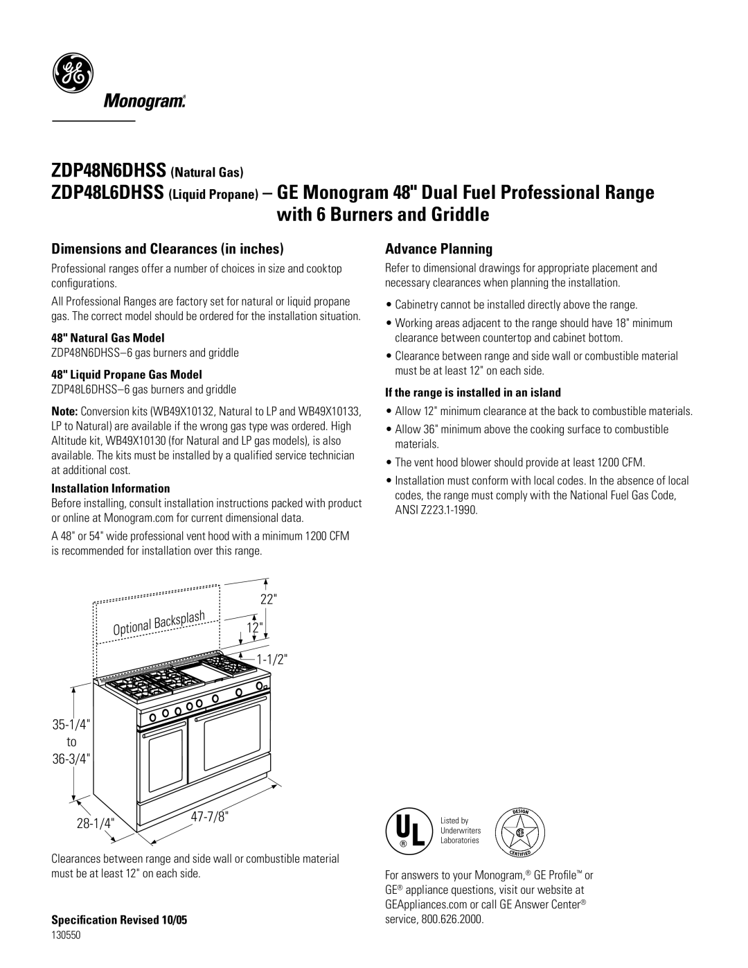 GE ZDP48N6DHSS6, ZDP48L6DHSS6 dimensions Dimensions and Clearances in inches, Advance Planning, Installation Information 